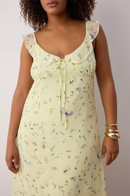 Trendyol Curve Damen Gelb Geblümt Midi Ärmellos Casual A-Linie Große Größen Kleid - Image 2