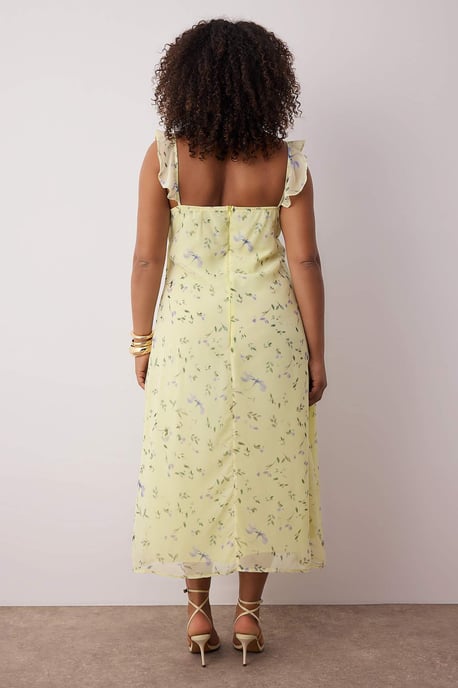 Trendyol Curve Damen Gelb Geblümt Midi Ärmellos Casual A-Linie Große Größen Kleid - Image 3