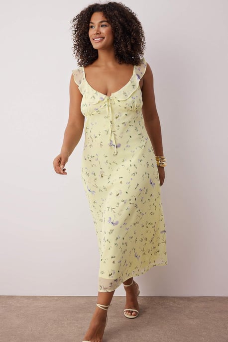 Trendyol Curve Damen Gelb Geblümt Midi Ärmellos Casual A-Linie Große Größen Kleid - Image 6