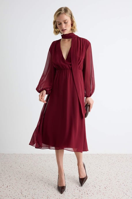 TRENDYOLMİLLA Damen Bordeaux Einfarbig Midi Lang A-Linie Kleider - Image 1