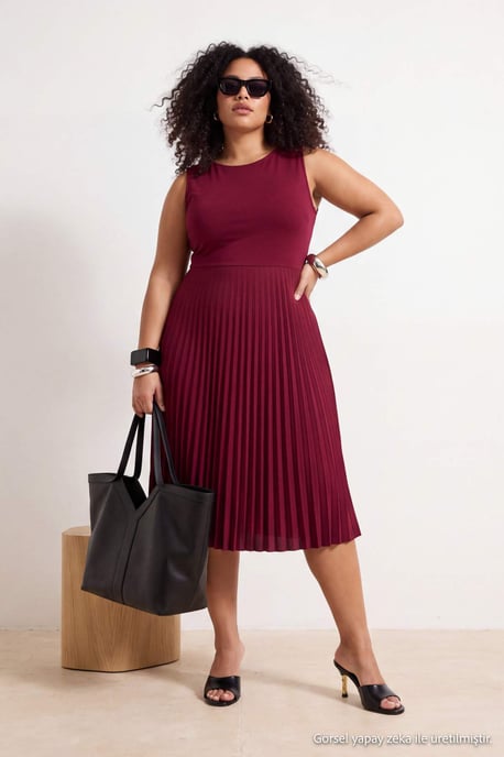 Trendyol Curve Damen Bordeaux Einfarbig Midi Ärmellos Casual A-Linie Große Größen Kleid - Image 5