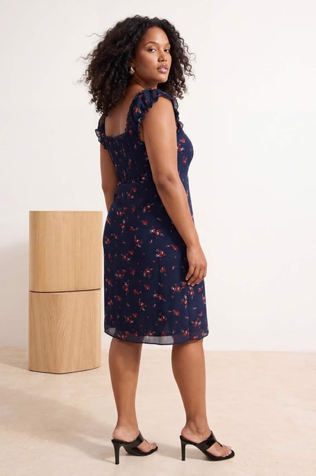 Trendyol Curve Damen Dunkelblau Geblümt Midi Kurz Casual A-Linie Große Größen Kleid - Image 2