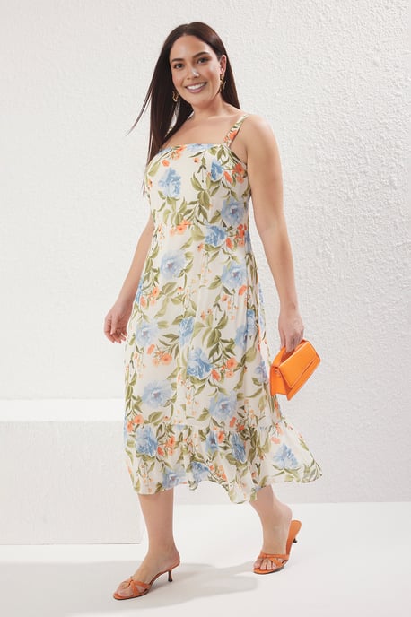 Trendyol Curve Damen Ecru Geblümt Midi Ärmellos Casual A-Linie Große Größen Kleid - Image 1