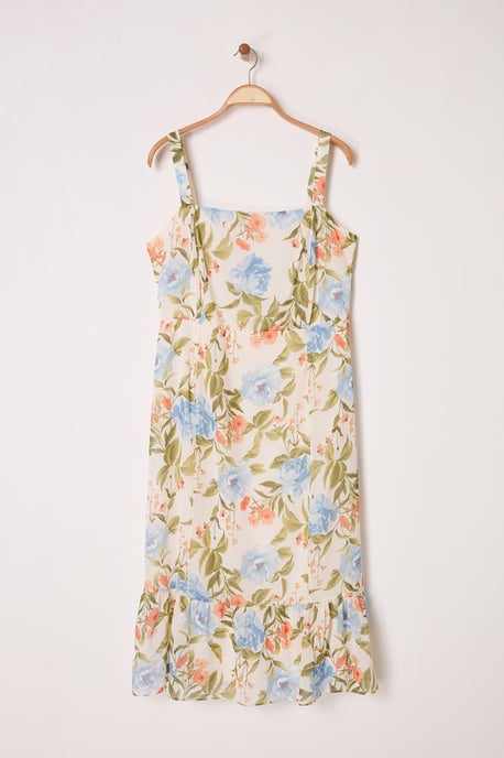 Trendyol Curve Damen Ecru Geblümt Midi Ärmellos Casual A-Linie Große Größen Kleid - Image 4