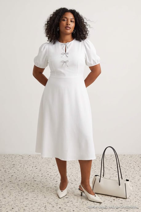 Trendyol Curve Damen Ecru Einfarbig Midi Kurz Elegant/Abend Skater Große Größen Kleid - Image 2