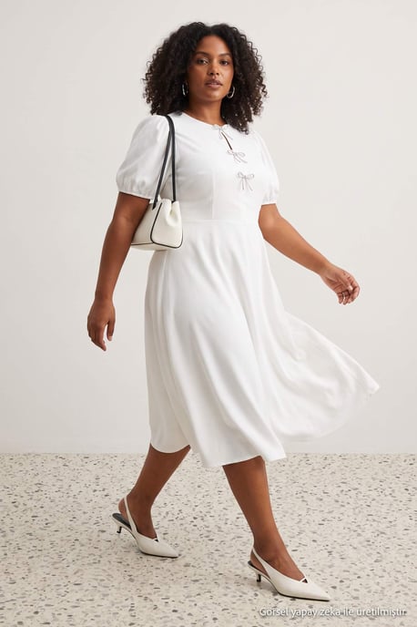 Trendyol Curve Damen Ecru Einfarbig Midi Kurz Elegant/Abend Skater Große Größen Kleid - Image 6