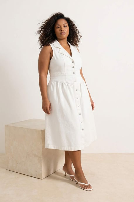 Trendyol Curve Damen Ecru Einfarbig Midi Ärmellos Casual A-Linie Große Größen Kleid - Image 6