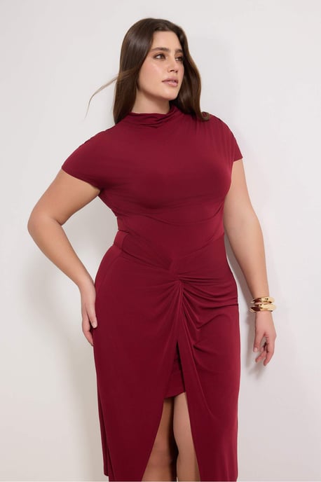 Trendyol Curve Damen Bordeaux Einfarbig Midi Kurz Casual Gerade Große Größen Kleid - Image 2
