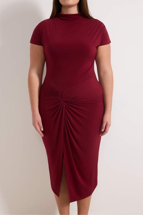Trendyol Curve Damen Bordeaux Einfarbig Midi Kurz Casual Gerade Große Größen Kleid - Image 3