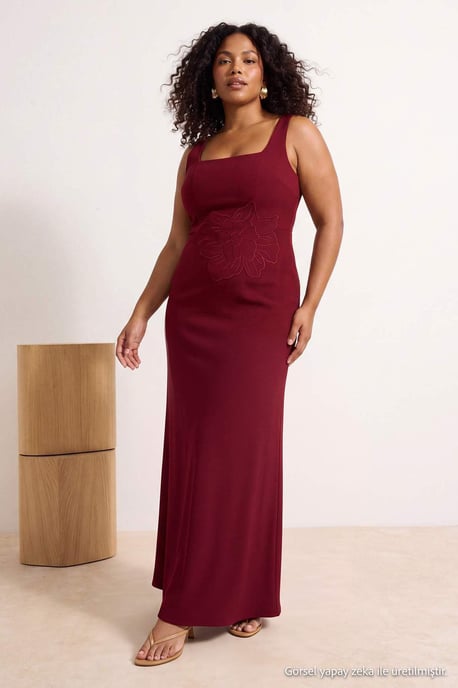 Trendyol Curve Damen Bordeaux Strukturiert Midi Ärmellos Bodycon Große Größen Kleid - Image 1
