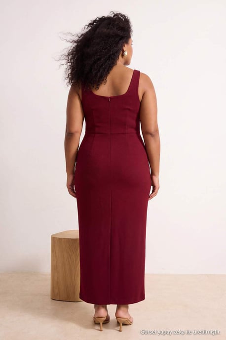 Trendyol Curve Damen Bordeaux Strukturiert Midi Ärmellos Bodycon Große Größen Kleid - Image 2