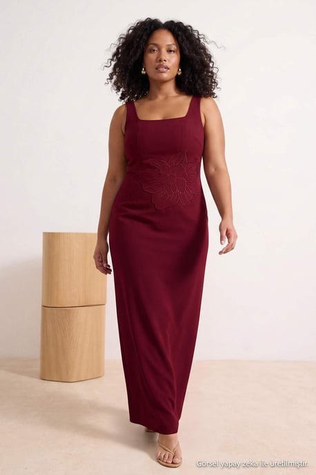 Trendyol Curve Damen Bordeaux Strukturiert Midi Ärmellos Bodycon Große Größen Kleid - Image 6