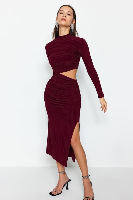 TRENDYOLMİLLA Damen Bordeaux Einfarbig Midi Lang Elegant/Abend Gerade Kleider - Image 2