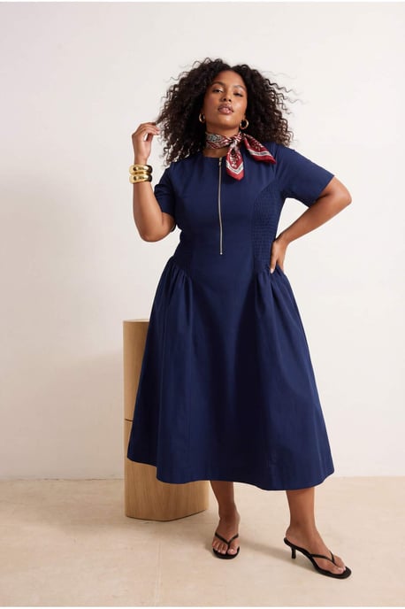 Trendyol Curve Damen Dunkelblau Einfarbig Midi Kurz Casual Skater Große Größen Kleid - Image 6