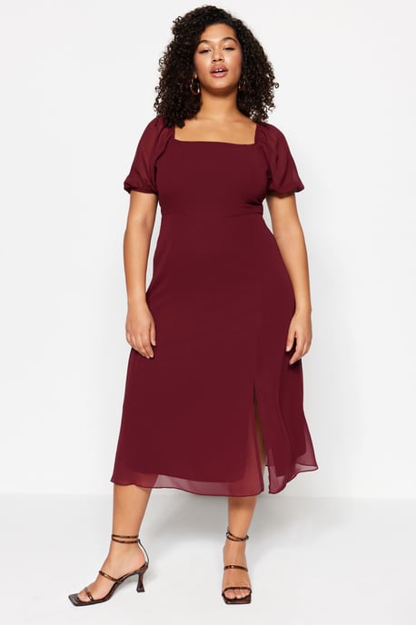Trendyol Curve Damen Bordeaux Einfarbig Midi Kurz Casual A-Linie Große Größen Kleid - Image 3