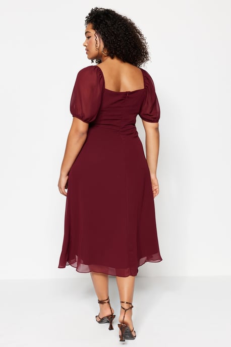 Trendyol Curve Damen Bordeaux Einfarbig Midi Kurz Casual A-Linie Große Größen Kleid - Image 4