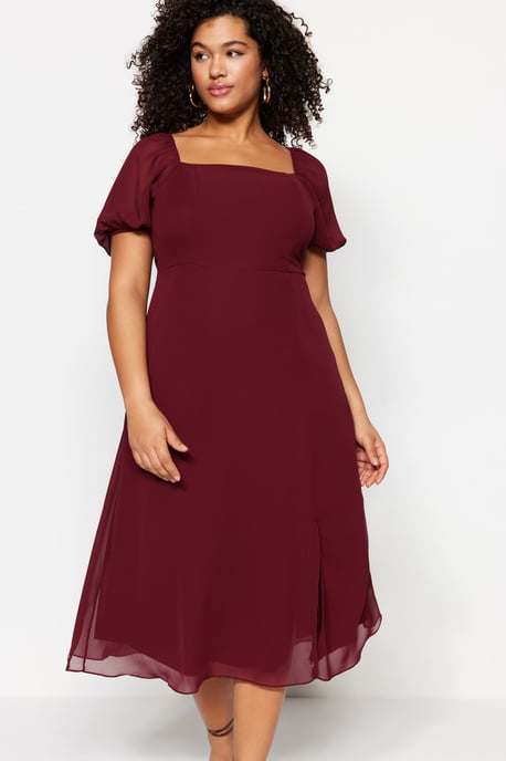 Trendyol Curve Damen Bordeaux Einfarbig Midi Kurz Casual A-Linie Große Größen Kleid - Image 6