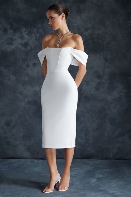 TRENDYOLMİLLA Damen Ecru Einfarbig Midi Ärmellos Elegant/Abend Bodycon Kleider - Image 3