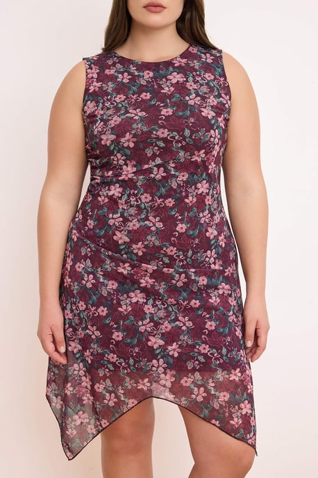 Trendyol Curve Damen Bordeaux Geblümt Midi Ärmellos Casual A-Linie Große Größen Kleid - Image 3