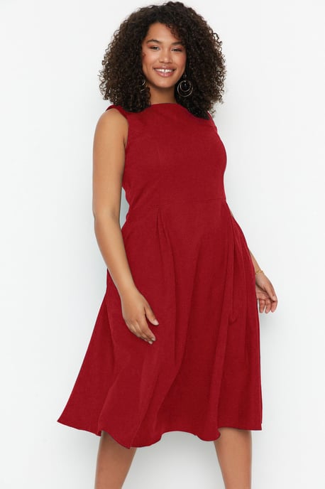 Trendyol Curve Damen Bordeaux Einfarbig Midi Ärmellos Abend / Alltag A-Linie Große Größen Kleid - Image 6