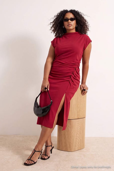 Trendyol Curve Damen Bordeaux Einfarbig Midi Ärmellos Party Bodycon Große Größen Kleid - Image 6