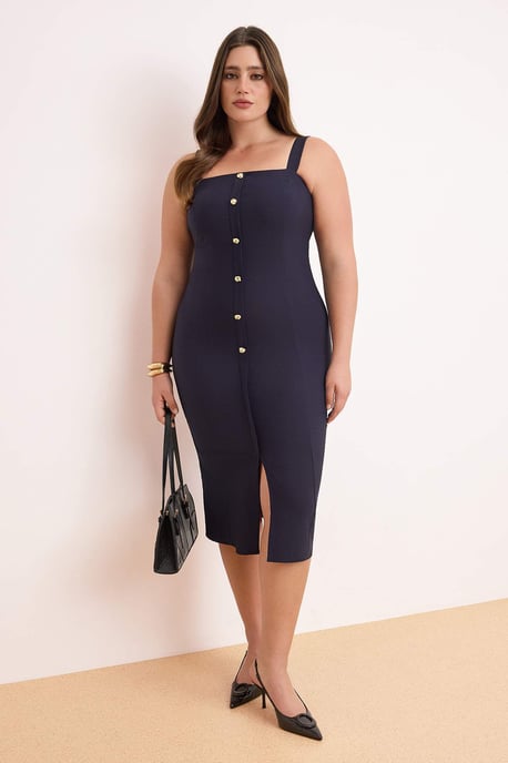Trendyol Curve Damen Dunkelblau Einfarbig Midi Ärmellos Casual Bodycon Große Größen Kleid - Image 1