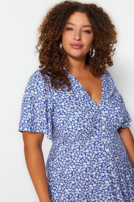Trendyol Curve Damen Dunkelblau Geblümt Midi Kurz Casual Hemdblusenkleid Große Größen Kleid - Image 2