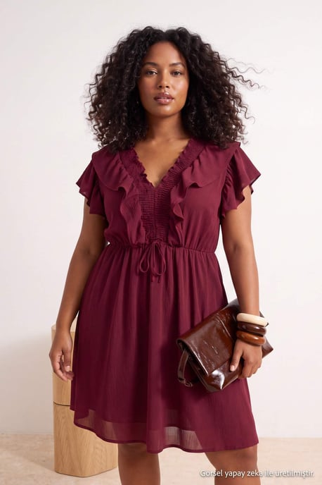 Trendyol Curve Damen Bordeaux Einfarbig Midi Ärmellos Casual A-Linie Große Größen Kleid - Image 2