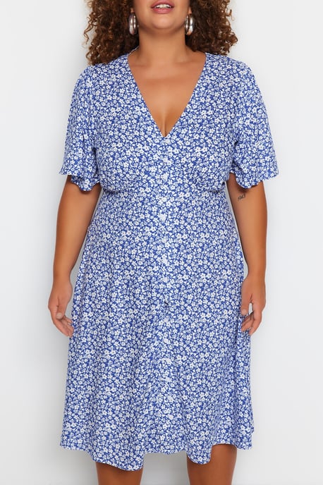 Trendyol Curve Damen Dunkelblau Geblümt Midi Kurz Casual Hemdblusenkleid Große Größen Kleid - Image 3