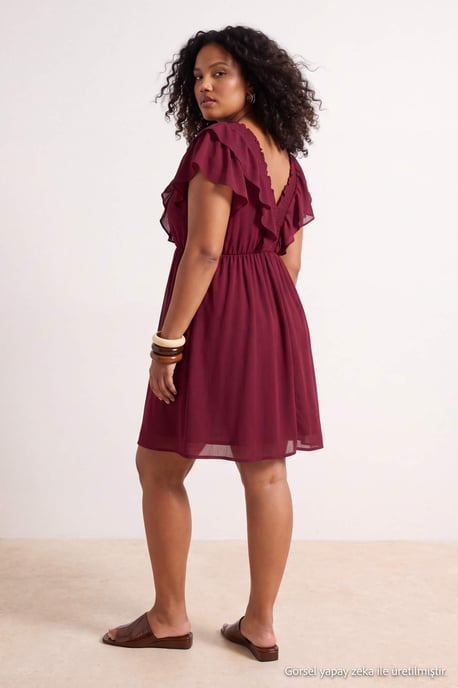 Trendyol Curve Damen Bordeaux Einfarbig Midi Ärmellos Casual A-Linie Große Größen Kleid - Image 4
