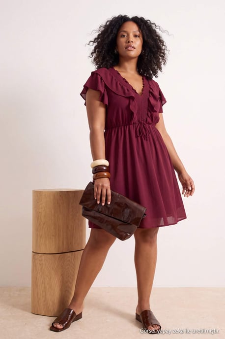 Trendyol Curve Damen Bordeaux Einfarbig Midi Ärmellos Casual A-Linie Große Größen Kleid - Image 6