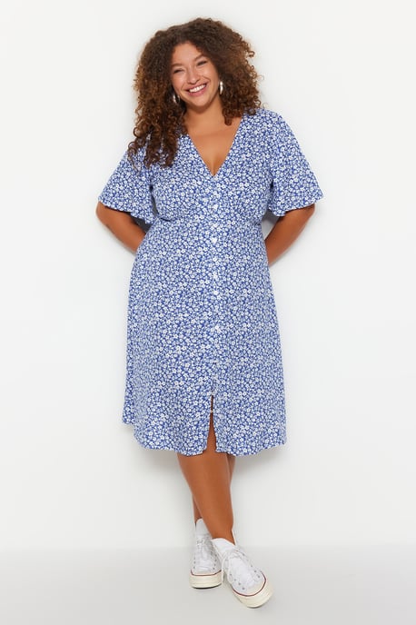 Trendyol Curve Damen Dunkelblau Geblümt Midi Kurz Casual Hemdblusenkleid Große Größen Kleid - Image 6