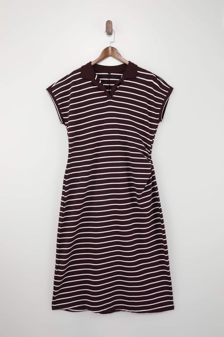 Trendyol Curve Damen Bordeaux Gestreift Midi Kurz Casual A-Linie Große Größen Kleid - Image 2