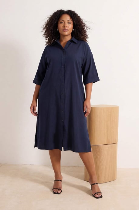 Trendyol Curve Damen Dunkelblau Einfarbig Midi Ärmellos Casual Hemdblusenkleid Große Größen Kleid - Image 6