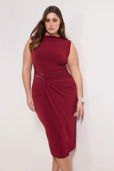 Trendyol Curve Damen Bordeaux Einfarbig Midi Ärmellos Casual Bodycon Große Größen Kleid - Image 6