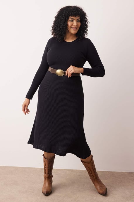 Trendyol Curve Damen Dunkelblau Einfarbig Midi Lang Casual A-Linie Große Größen Kleid - Image 1