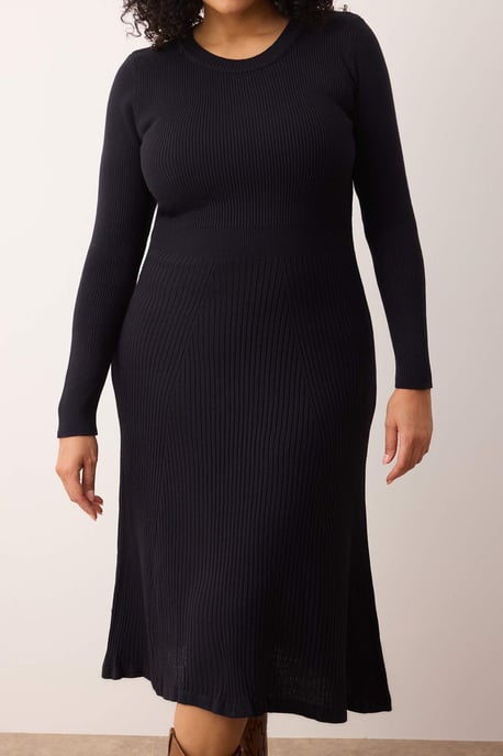 Trendyol Curve Damen Dunkelblau Einfarbig Midi Lang Casual A-Linie Große Größen Kleid - Image 2