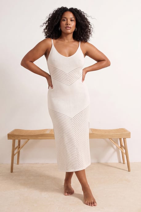 Trendyol Curve Damen Ecru Lochmuster Midi Ärmellos Strandmode A-Linie Große Größen Kleid - Image 2
