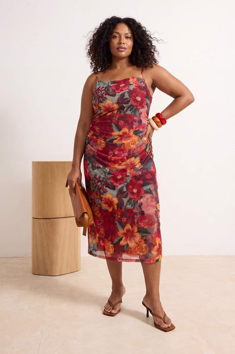 Trendyol Curve Damen Mehrfarbig Geblümt Midi Ärmellos Gerade Große Größen Kleid - Image 1