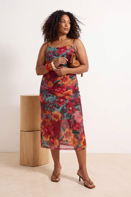 Trendyol Curve Damen Mehrfarbig Geblümt Midi Ärmellos Gerade Große Größen Kleid - Image 2