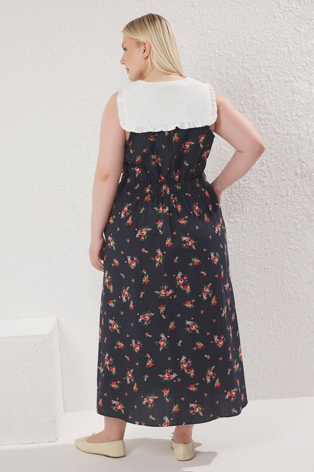 Trendyol Curve Damen Mehrfarbig Geblümt Midi Ärmellos Casual A-Linie Große Größen Kleid - Image 3