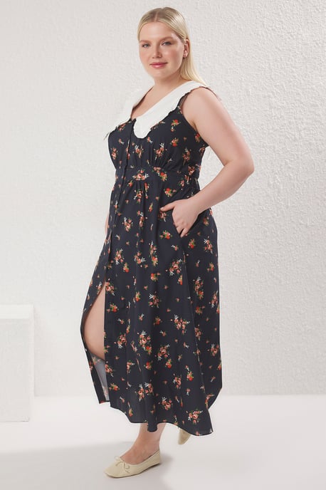 Trendyol Curve Damen Mehrfarbig Geblümt Midi Ärmellos Casual A-Linie Große Größen Kleid - Image 6