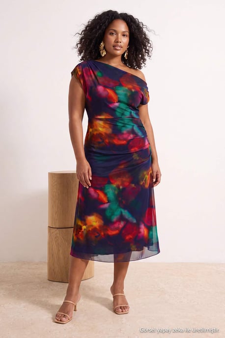 Trendyol Curve Damen Mehrfarbig Geblümt Midi Ärmellos Casual A-Linie Große Größen Kleid - Image 2