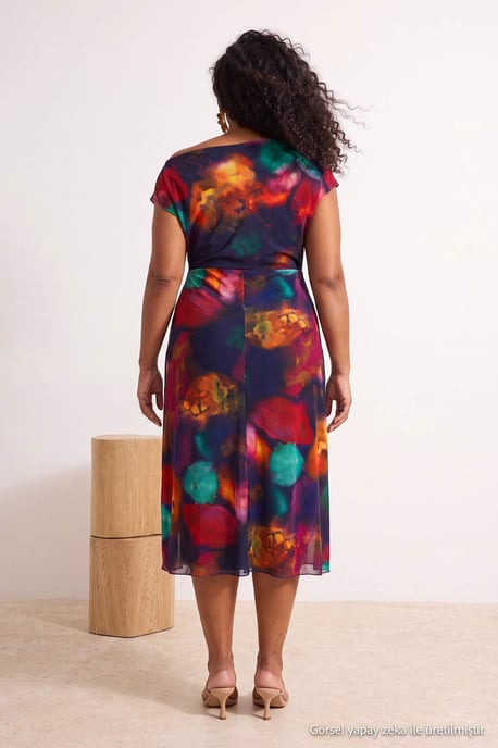 Trendyol Curve Damen Mehrfarbig Geblümt Midi Ärmellos Casual A-Linie Große Größen Kleid - Image 4