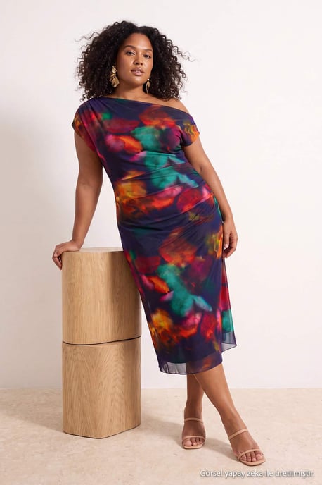 Trendyol Curve Damen Mehrfarbig Geblümt Midi Ärmellos Casual A-Linie Große Größen Kleid - Image 6