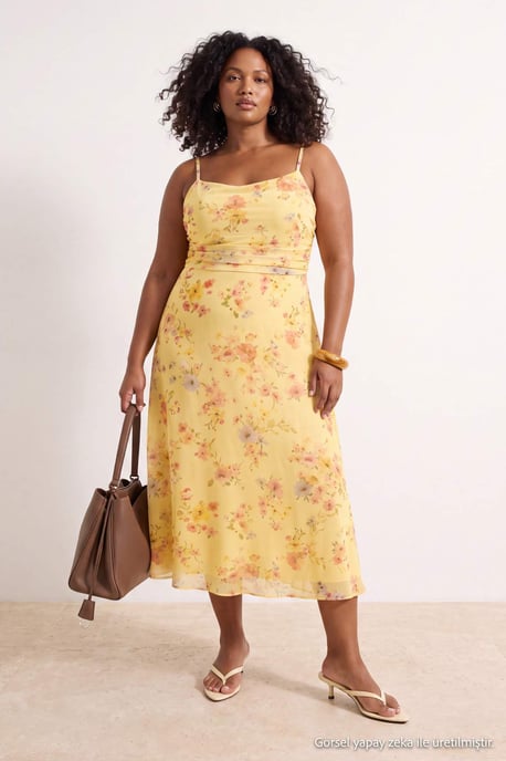 Trendyol Curve Damen Mehrfarbig Geblümt Midi Ärmellos Bodycon Große Größen Kleid - Image 1