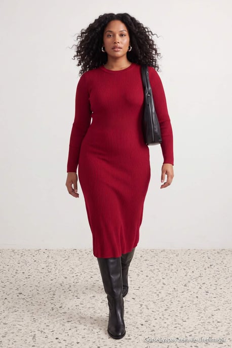 Trendyol Curve Damen Rot Einfarbig Midi Lang Casual A-Linie Große Größen Kleid - Image 1