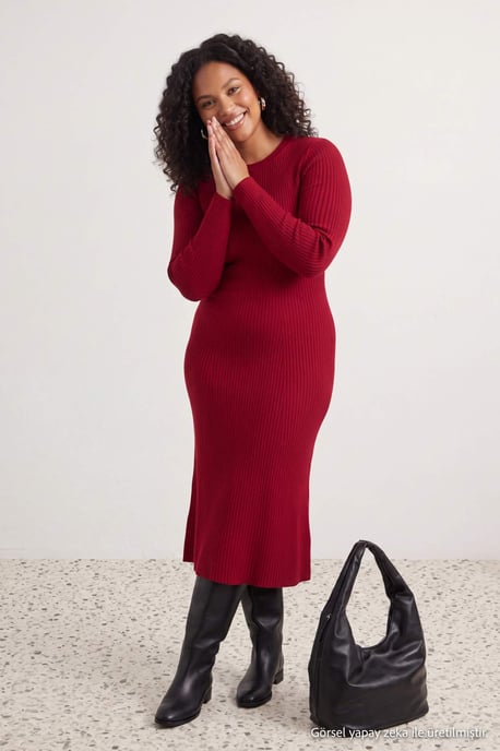 Trendyol Curve Damen Rot Einfarbig Midi Lang Casual A-Linie Große Größen Kleid - Image 2