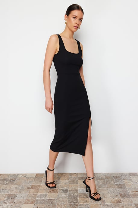 TRENDYOLMİLLA Damen Schwarz Einfarbig Midi Ärmellos Abend / Alltag Bodycon Kleider - Image 3