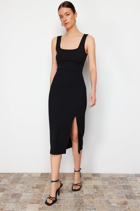 TRENDYOLMİLLA Damen Schwarz Einfarbig Midi Ärmellos Abend / Alltag Bodycon Kleider - Image 4